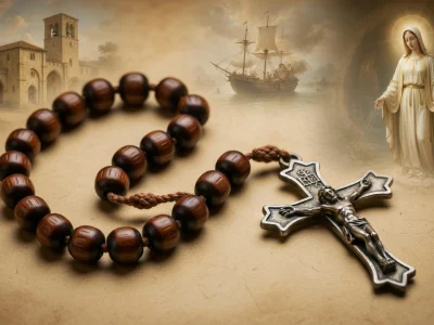 Un chapelet en bois avec une croix devant une illustration de la Vierge Marie évoquant la Rosaire prière
