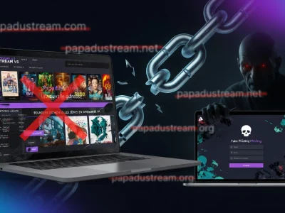 Des ordinateurs portables entourés de chaînes et d'un hacker représentent la quête de papa du Stream nouvelle adresse
