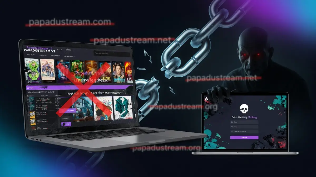 Des ordinateurs portables entourés de chaînes et d'un hacker représentent la quête de papa du Stream nouvelle adresse