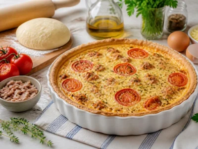 Une délicieuse quiche aux thon et tomates posée sur une table entourée de ses ingrédients frais