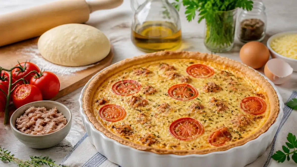 Une délicieuse quiche aux thon et tomates posée sur une table entourée de ses ingrédients frais