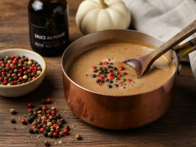 Une casserole en cuivre contenant une sauce onctueuse parsemée de poivre pour la recette pour sauce au poivre