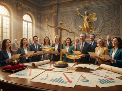 Professionnels réunis autour d'une table pour la réforme retraite 2026 dans une salle de justice ornée