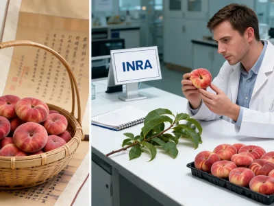 Un panier et un plateau remplis de pêches plates examinées par un chercheur en laboratoire