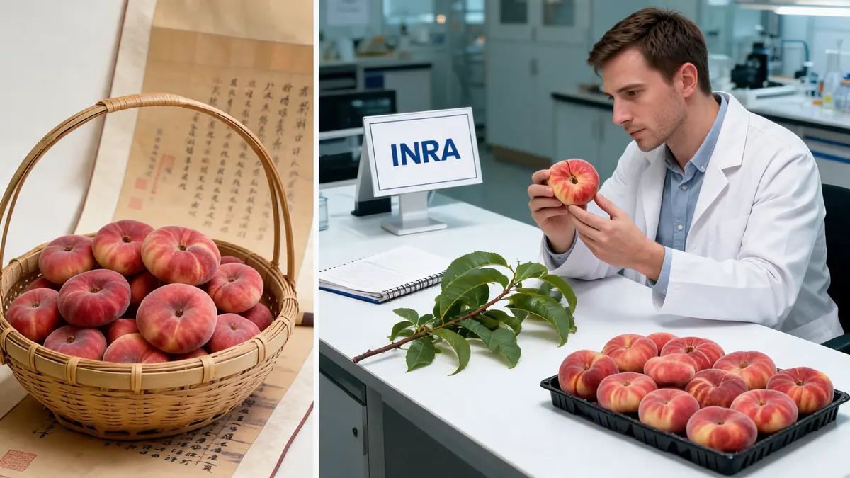 Un panier et un plateau remplis de pêches plates examinées par un chercheur en laboratoire