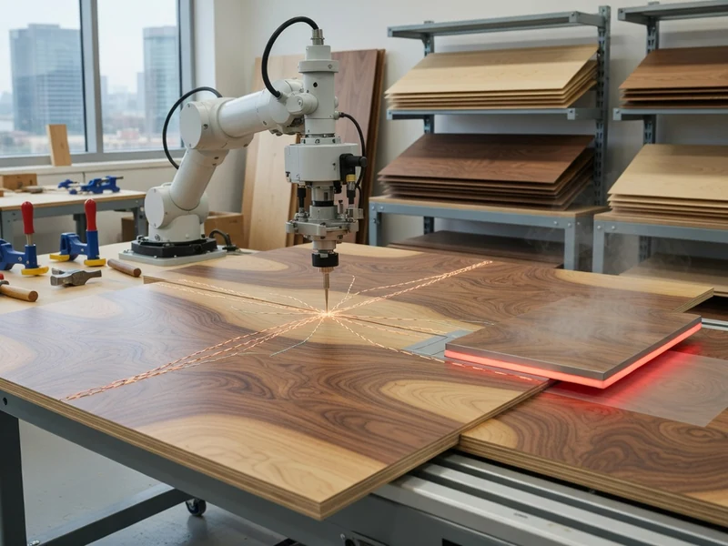 Un bras robotisé pratique la fibreCouture plaquage sur des panneaux en bois dans un atelier