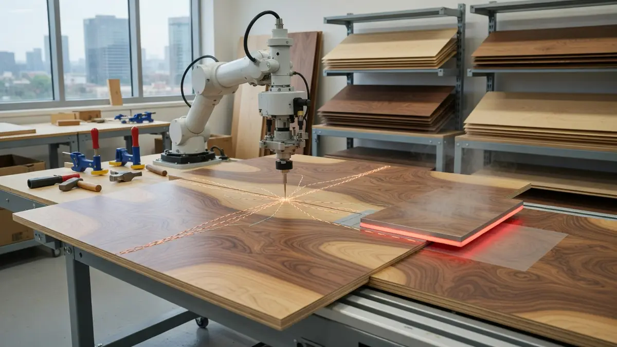 Un bras robotisé pratique la fibreCouture plaquage sur des panneaux en bois dans un atelier