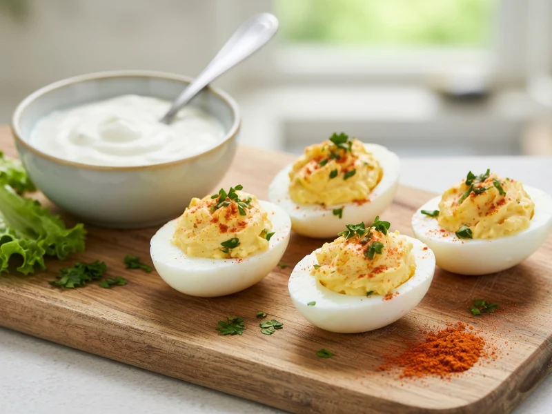 Des œufs durs farcis et un bol de mayo oeuf dur sur une planche en bois