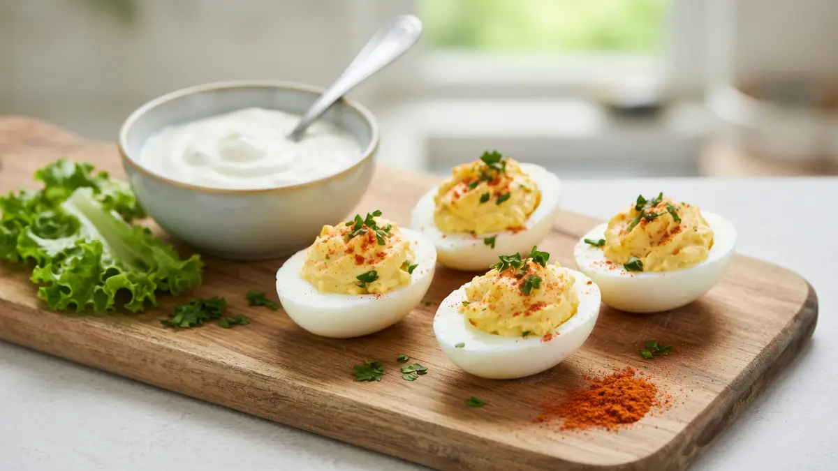 Des œufs durs farcis et un bol de mayo oeuf dur sur une planche en bois