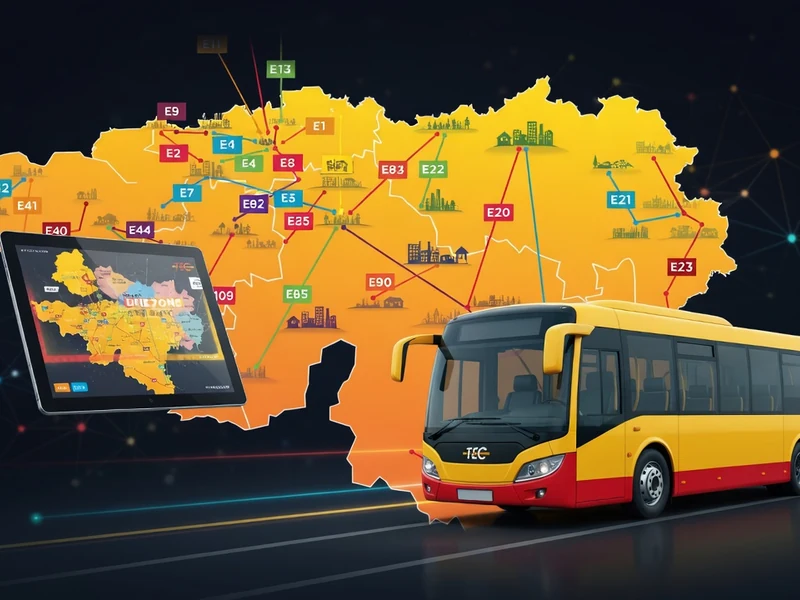 Un bus jaune devant une carte de la zone Tec reliée à une tablette par des lignes