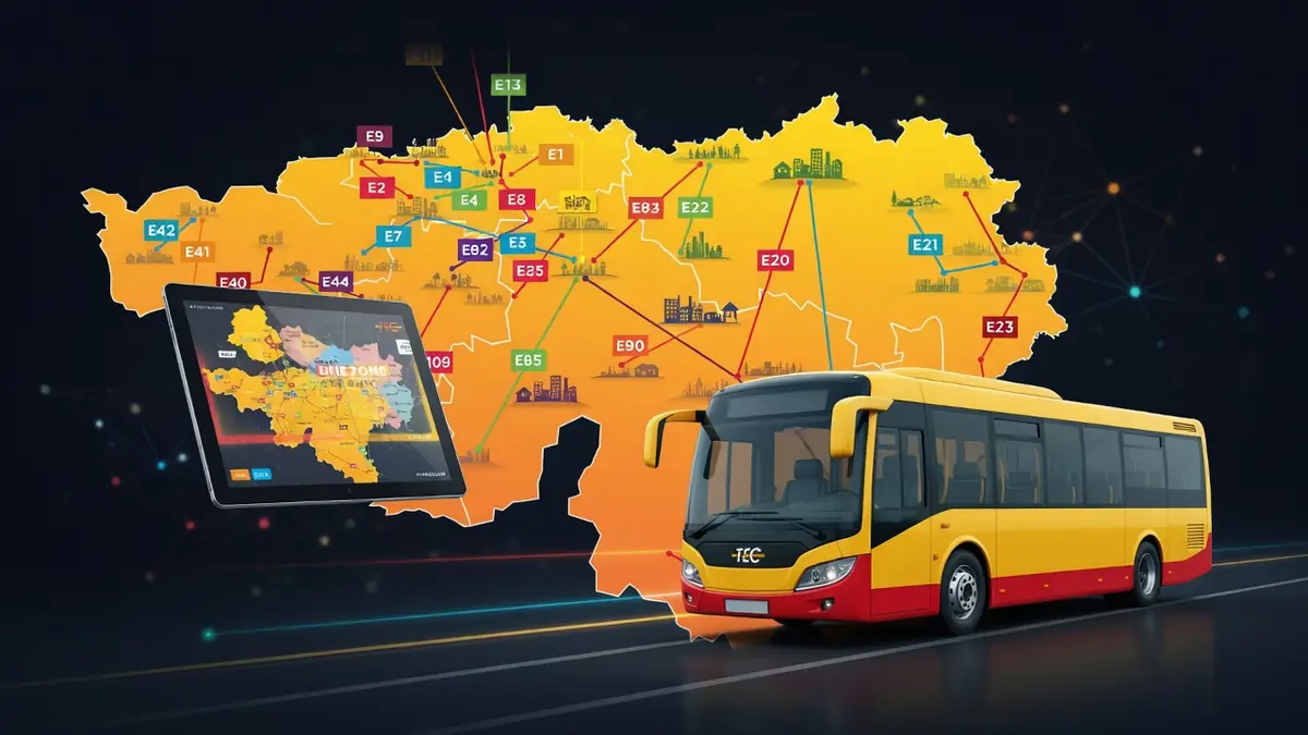 Un bus jaune devant une carte de la zone Tec reliée à une tablette par des lignes