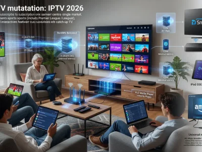 People in a living room watching French iptv on various devices like smart TVs and laptops