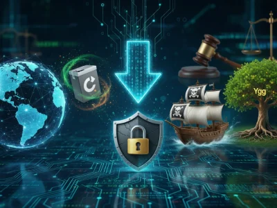 Illustration d'un univers numérique pour le site de téléchargement montrant un globe et un bateau pirate