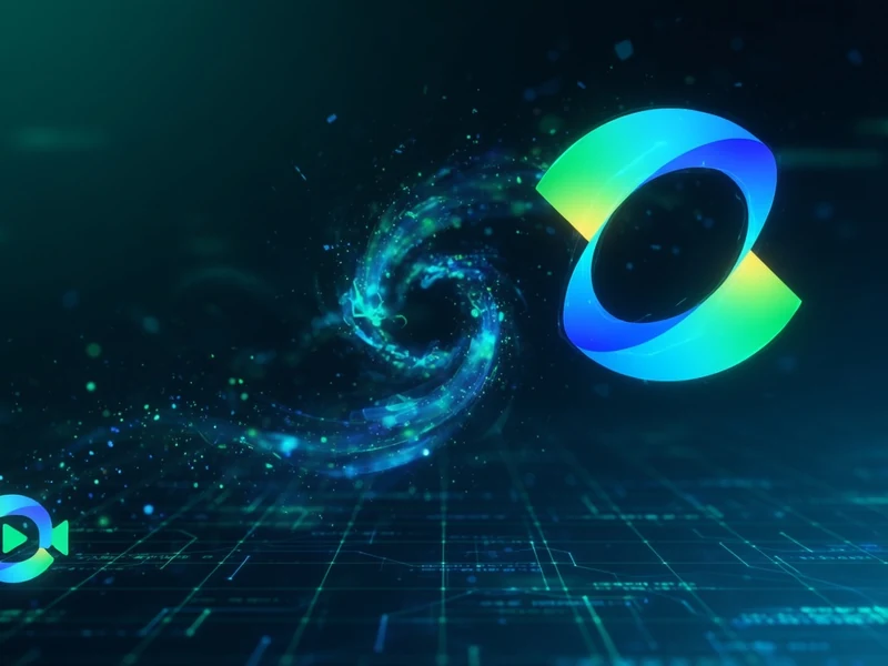 Une visualisation abstraite de Kling AI montrant une spirale de particules bleues et un cercle lumineux sur fond digital