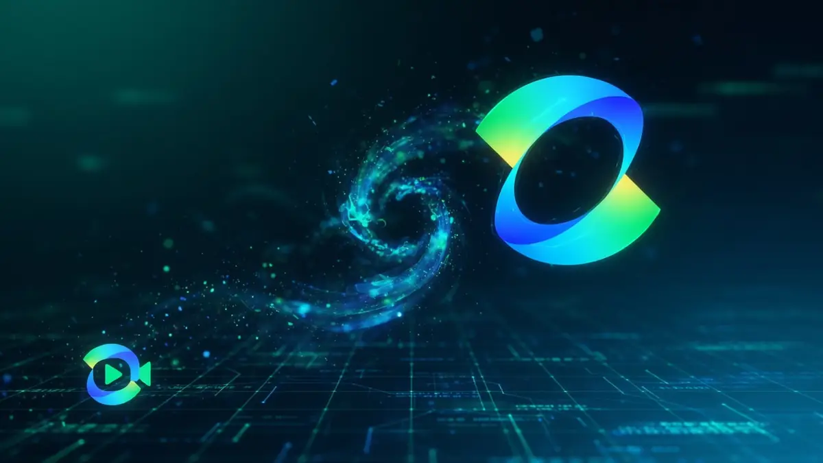 Une visualisation abstraite de Kling AI montrant une spirale de particules bleues et un cercle lumineux sur fond digital