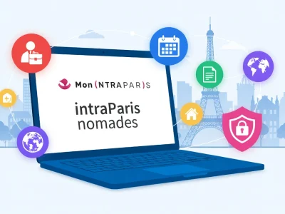 L'illustration présente un ordinateur portable avec des icônes et la vue de Paris pour intraParis nomades