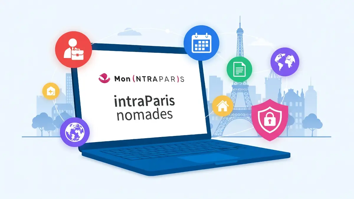 L'illustration présente un ordinateur portable avec des icônes et la vue de Paris pour intraParis nomades