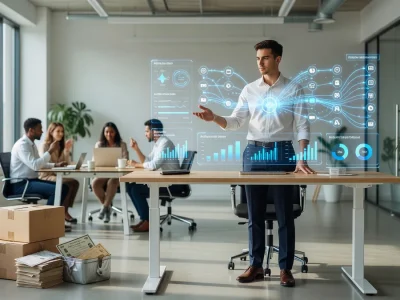 Un professionnel présente le poz cadeau via des hologrammes interactifs dans un bureau moderne