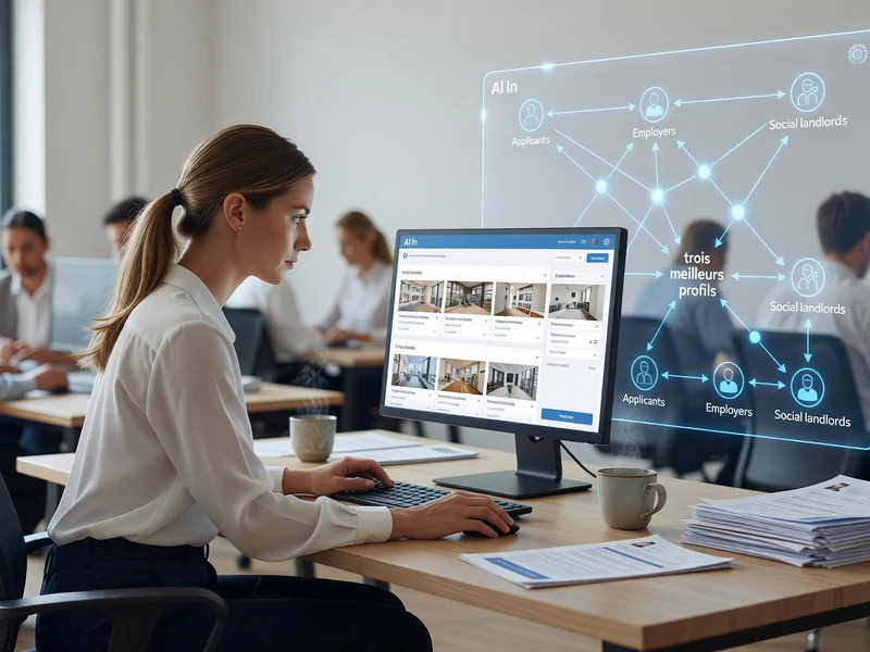Une femme travaille sur ordinateur dans un bureau avec diagramme interactif Al In