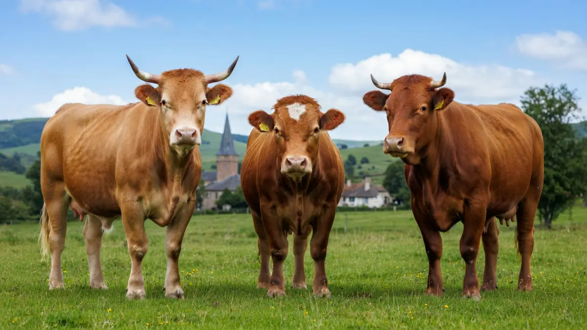 Trois vaches marron se tiennent dans un pré verdoyant avec un village à l'arrière-plan