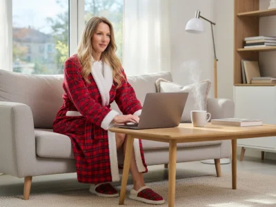 Une femme en robe de chambre femme rouge travaille sur son ordinateur dans un salon lumineux