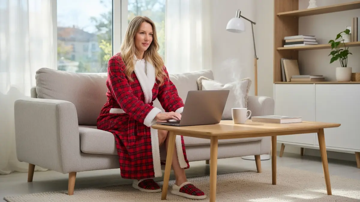 Une femme en robe de chambre femme rouge travaille sur son ordinateur dans un salon lumineux