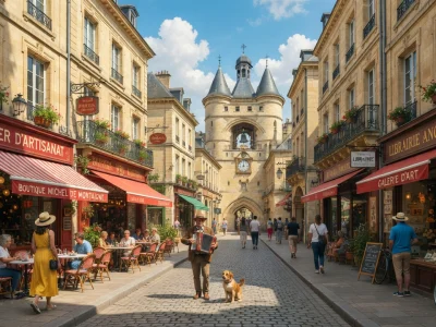 Une atmosphère conviviale règne sur la rue Saint James animée par des passants un chien et des boutiques pittoresques