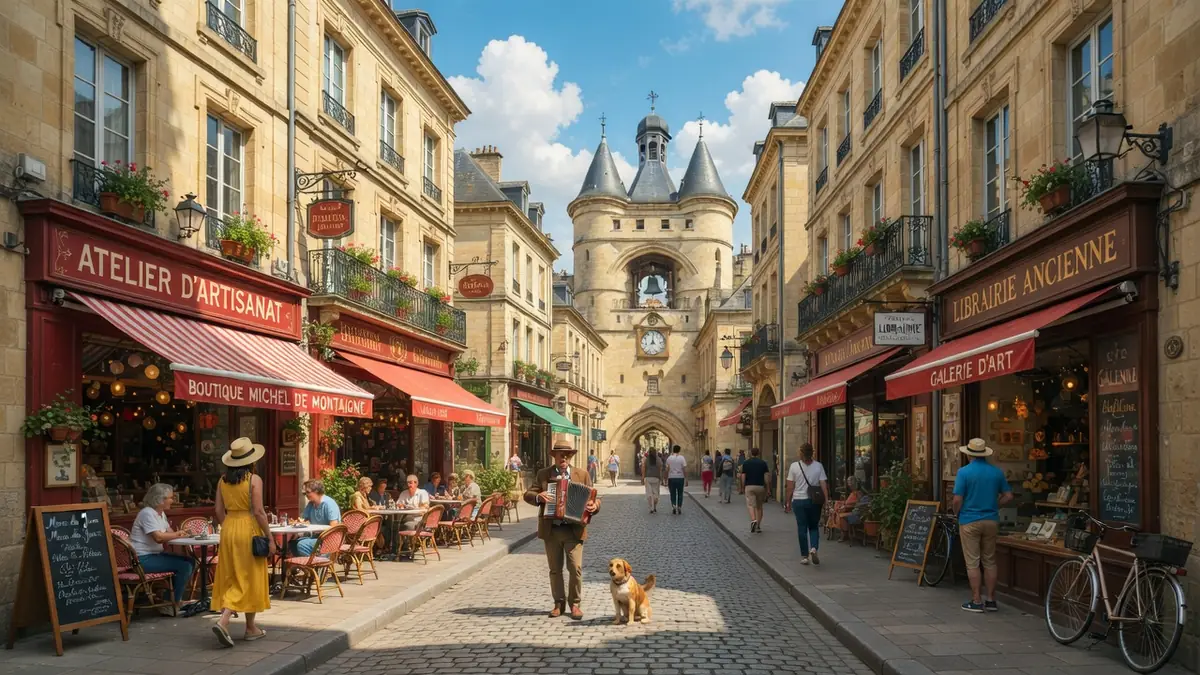 Une atmosphère conviviale règne sur la rue Saint James animée par des passants un chien et des boutiques pittoresques