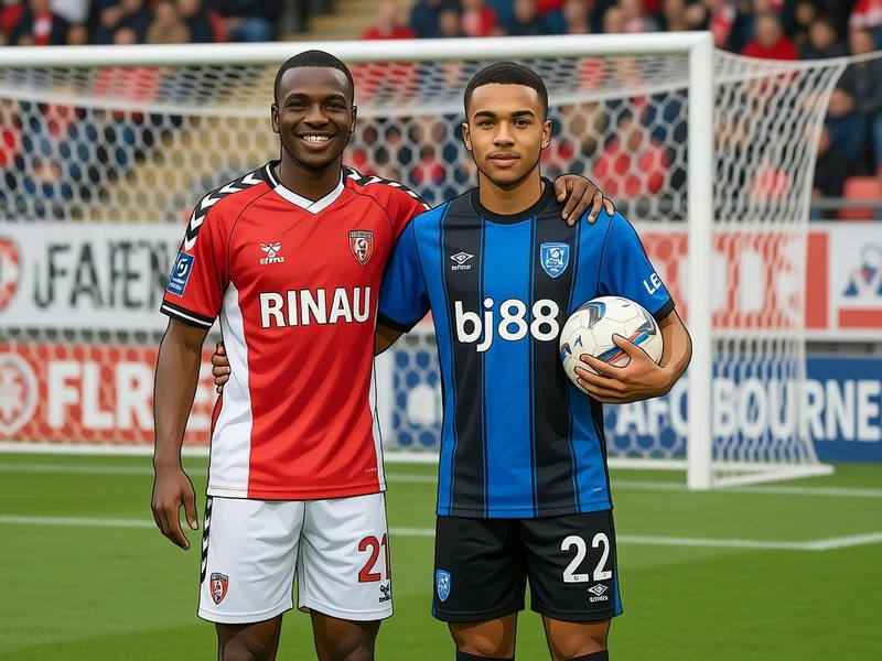 Éli Kroupi pose avec un coéquipier sur un terrain de football devant un but