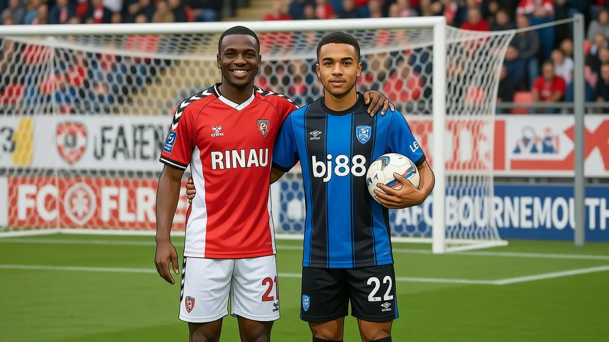 Éli Kroupi pose avec un coéquipier sur un terrain de football devant un but