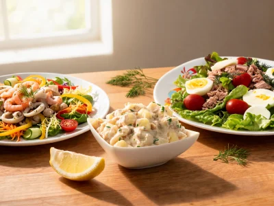 Sur une table en bois une salade pêcheur aux fruits de mer côtoie d'autres salades et un citron