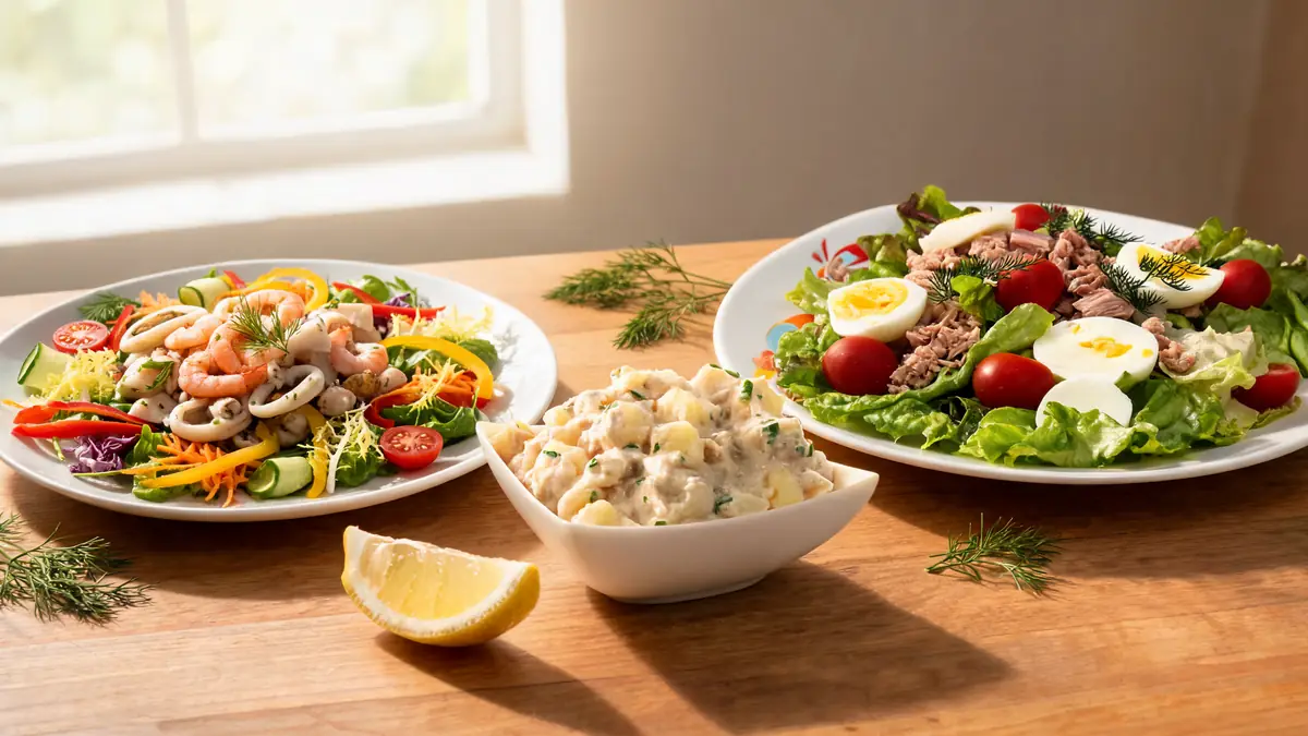 Sur une table en bois une salade pêcheur aux fruits de mer côtoie d'autres salades et un citron