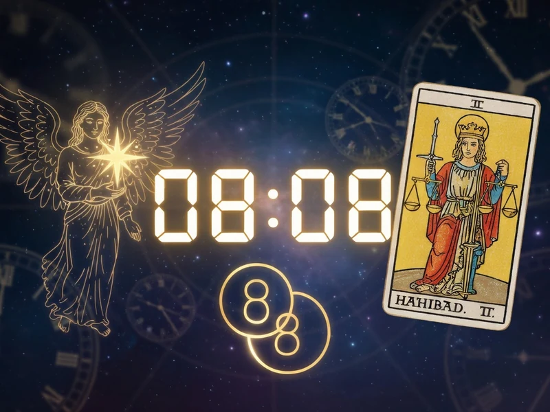 Vue mystique de 08h08 signification avec ange lumineux et carte de tarot sur fond d'horloges