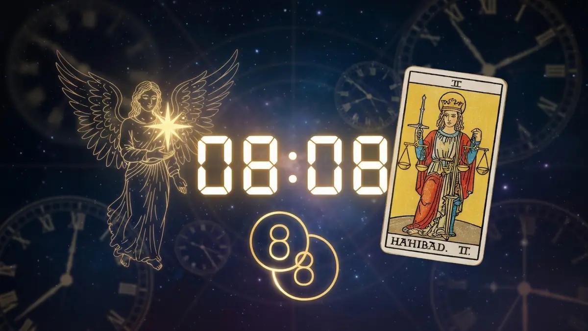 Vue mystique de 08h08 signification avec ange lumineux et carte de tarot sur fond d'horloges