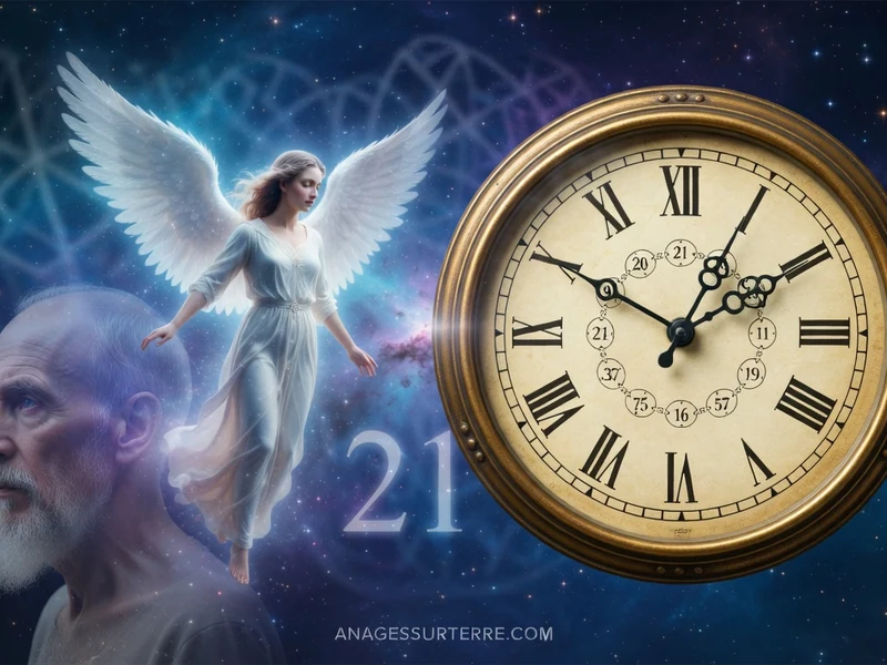 Un ange et une horloge dans un décor cosmique illustrant la 21h21 signification