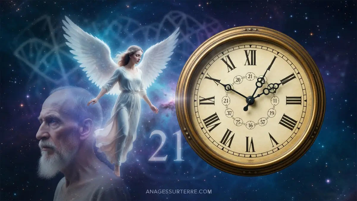 Un ange et une horloge dans un décor cosmique illustrant la 21h21 signification