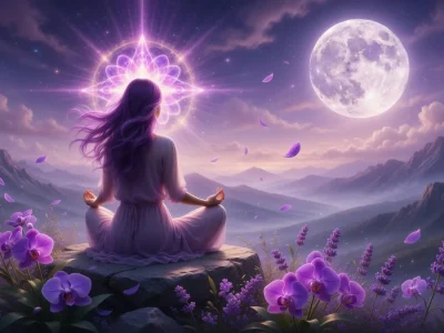 Une femme en méditation dans un paysage montagneux violet illustre la signification spirituelle du violet