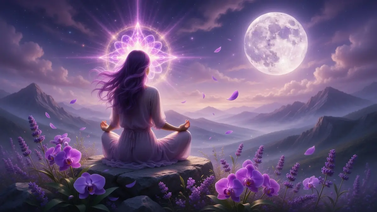 Une femme en méditation dans un paysage montagneux violet illustre la signification spirituelle du violet