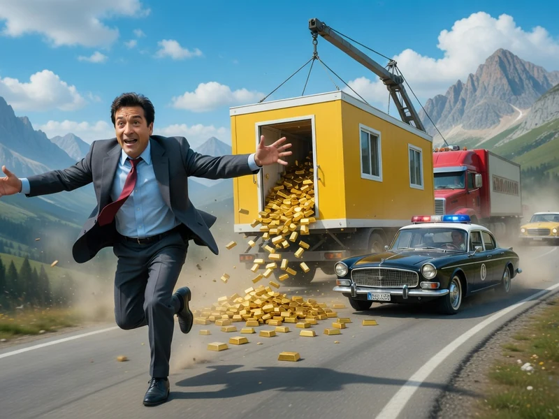 Un homme court joyeusement sur une route de montagne tandis qu'un camion déverse de l'or, illustrant la Soif de l'or