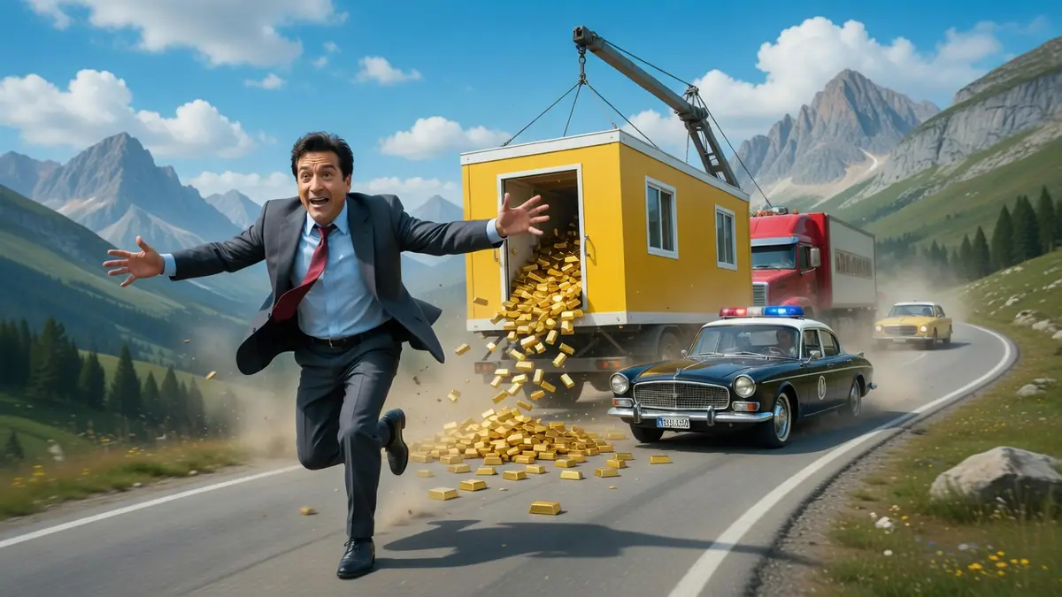 Un homme court joyeusement sur une route de montagne tandis qu'un camion déverse de l'or, illustrant la Soif de l'or
