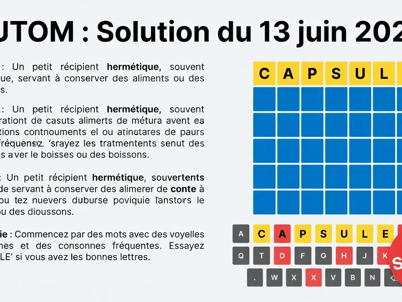 Cette illustration présente la solution Sutom du jour à travers une grille de cases colorées