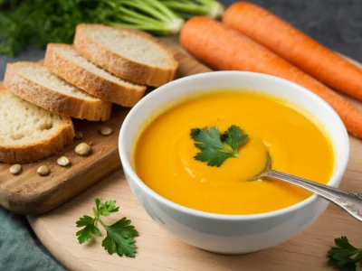 Un bol de soupe de pommes de terre et carottes avec une cuillère, du pain et des carottes sur une planche en bois