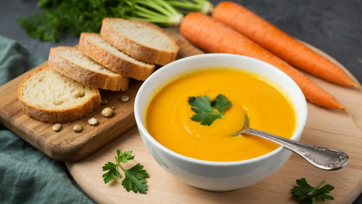 Un bol de soupe de pommes de terre et carottes avec une cuillère, du pain et des carottes sur une planche en bois