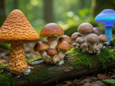 Différents champi orange et bleus poussent sur un tronc moussus en forêt
