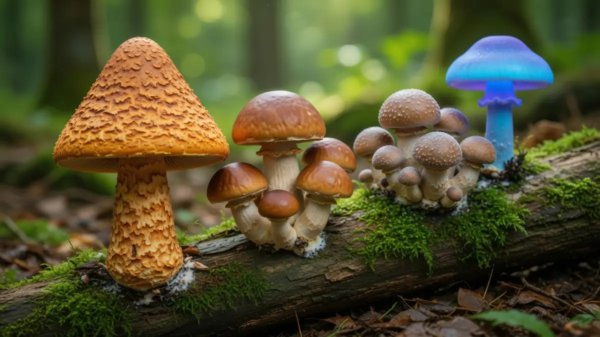 Différents champi orange et bleus poussent sur un tronc moussus en forêt