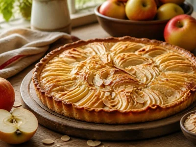 Une délicieuse tarte aux pomme et amande posée sur une table rustique à côté de fruits frais