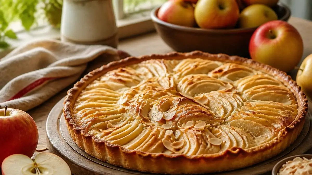 Une délicieuse tarte aux pomme et amande posée sur une table rustique à côté de fruits frais