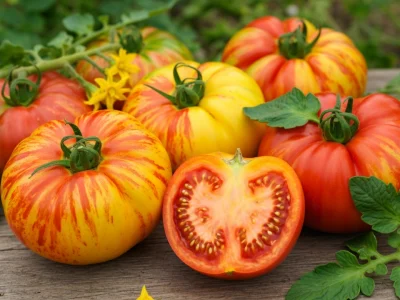 Des tomates rayées rouges et jaunes dont une tomate Ananas coupée sur une table en bois