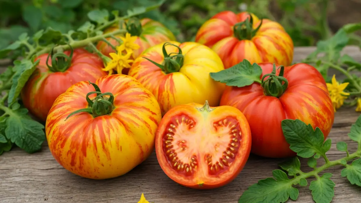 Des tomates rayées rouges et jaunes dont une tomate Ananas coupée sur une table en bois