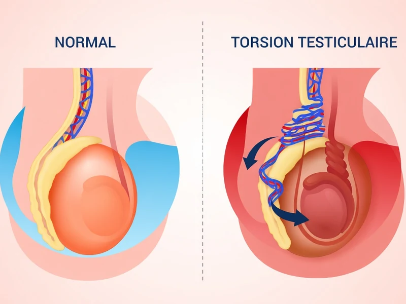 Schéma comparatif d'un testicule normal et d'une torsion testiculaire avec cordon tordu.